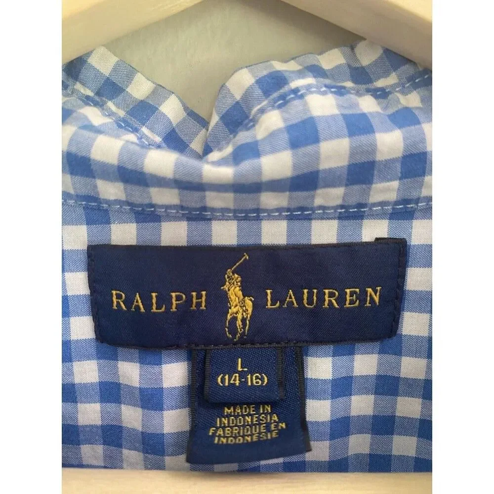 Ralph Lauren Boys Blue White Gingham Button Down Shirt L 14-16